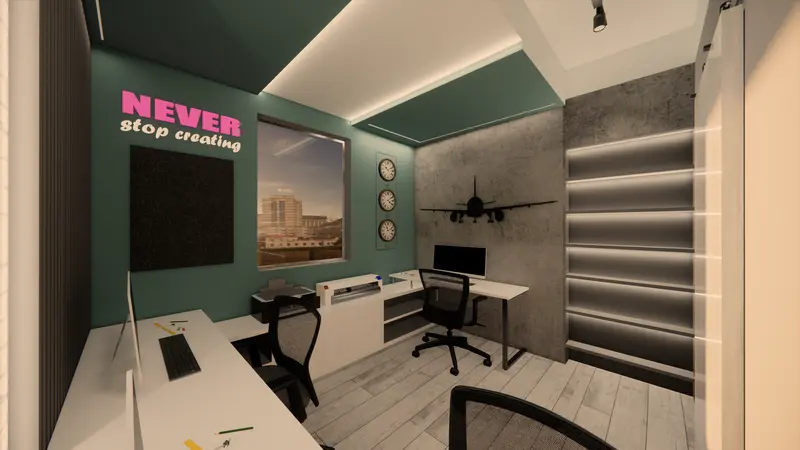 Render: oficina con muro verde y gráfica de avión. Sede educativa de aviación en Bogotá, Decord Design