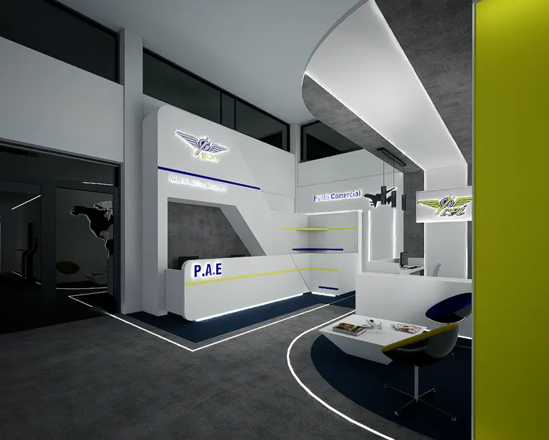 Render: recepción. Sede educativa de aviación en Bogotá, Decord Design