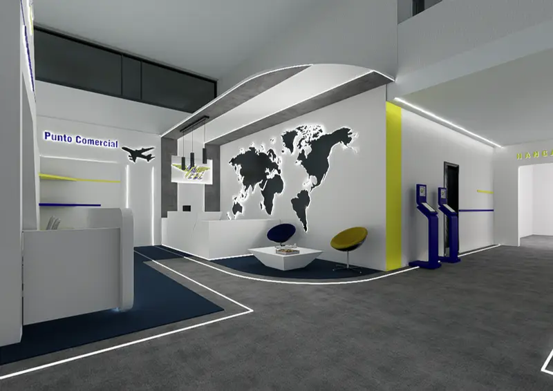 Render: recepción. Sede educativa de aviación en Bogotá, Decord Design