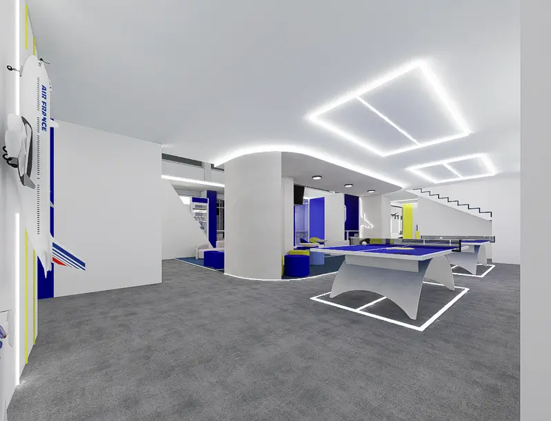 Render: zona de bienestar con mesas de ping-pong. Sede educativa de aviación en Bogotá, Decord Design