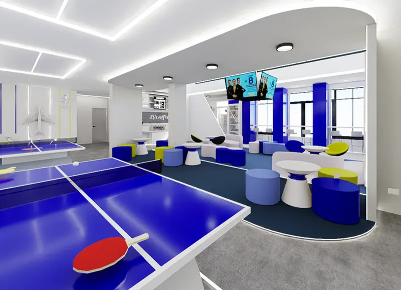 Render: zona de bienestar con mesas de ping-pong. Sede educativa de aviación en Bogotá, Decord Design