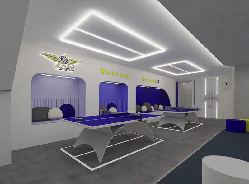 Render: zona de bienestar con mesas de ping-pong. Sede educativa de aviación en Bogotá, Decord Design
