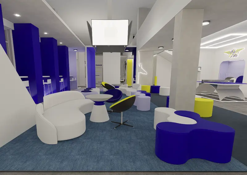 Render: zona de bienestar con mesas de ping-pong. Sede educativa de aviación en Bogotá, Decord Design