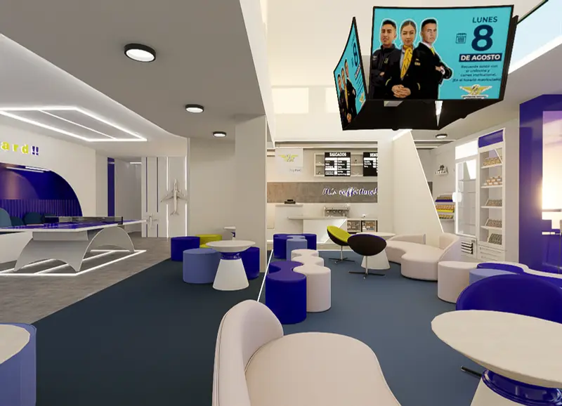 Render: zona de bienestar con mesas de ping-pong. Sede educativa de aviación en Bogotá, Decord Design