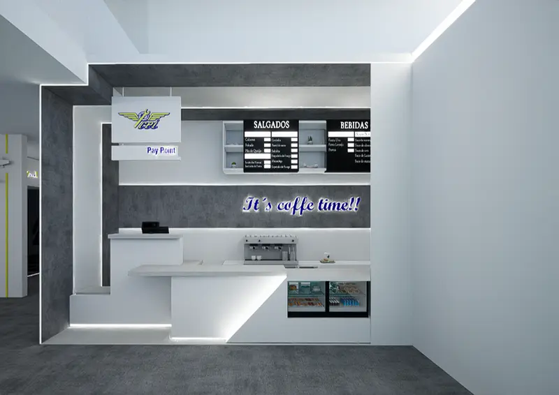 Render: cafetería. Sede educativa de aviación en Bogotá, Decord Design