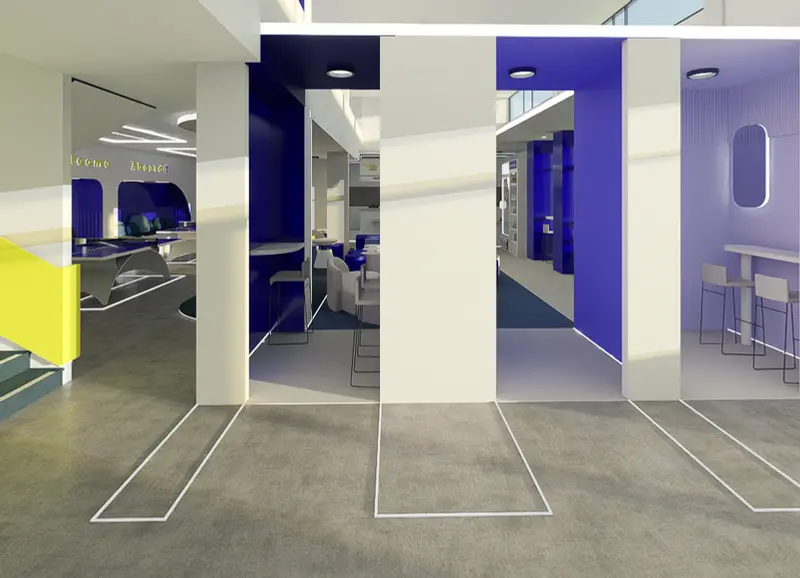 Render: cafetería. Sede educativa de aviación en Bogotá, Decord Design