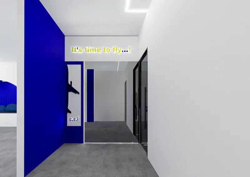 Render: pasillo y baño. Sede educativa de aviación en Bogotá, Decord Design