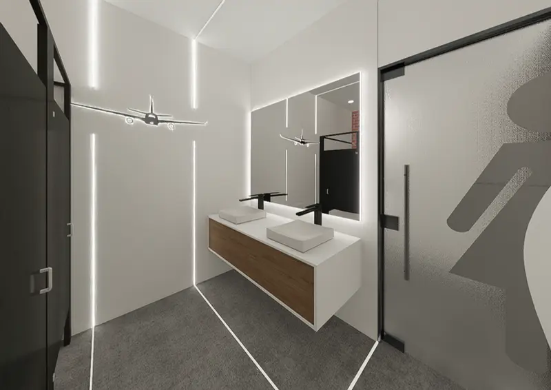 Render: pasillo y baño. Sede educativa de aviación en Bogotá, Decord Design