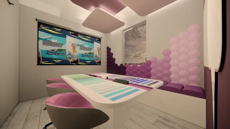 Render: sala de juntas. Sede educativa de aviación en Bogotá, Decord Design