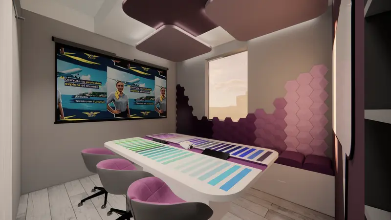 Render: sala de juntas. Sede educativa de aviación en Bogotá, Decord Design