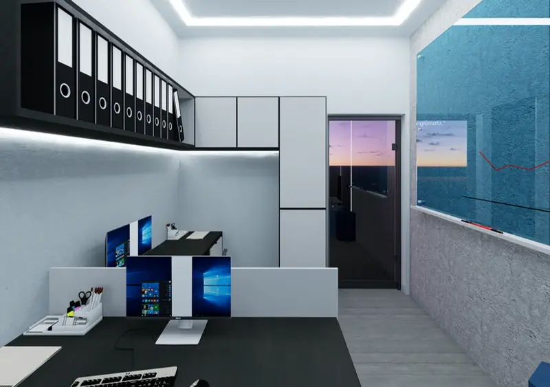 Render: oficina con archivo. Sede educativa de aviación en Bogotá, Decord Design