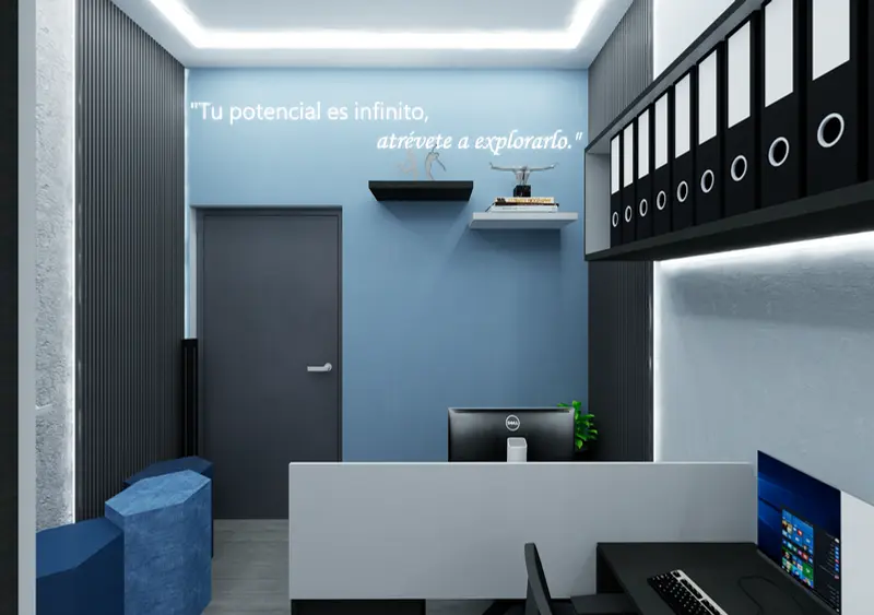 Render: oficina con archivo. Sede educativa de aviación en Bogotá, Decord Design