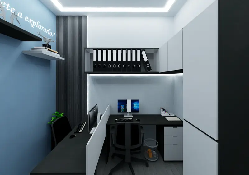 Render: oficina con archivo. Sede educativa de aviación en Bogotá, Decord Design