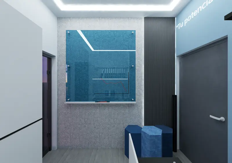 Render: oficina con archivo. Sede educativa de aviación en Bogotá, Decord Design