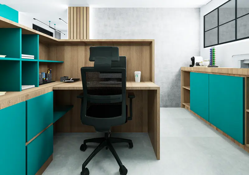 Render: puesto de trabajo. Oficinas con zona recreativa en Bogotá, Decord Design