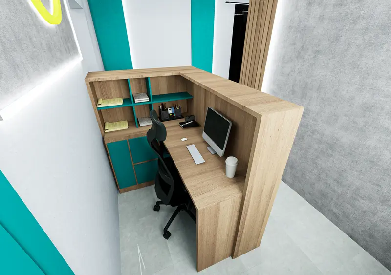 Render: puesto de trabajo. Oficinas con zona recreativa en Bogotá, Decord Design