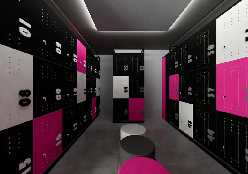 Render: zona de lockers. Oficinas con zona recreativa en Bogotá, Decord Design