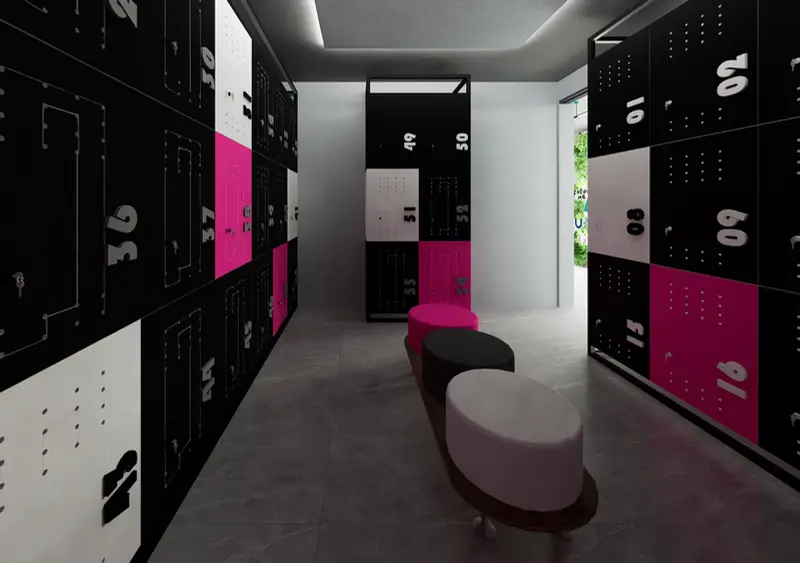 Render: zona de lockers. Oficinas con zona recreativa en Bogotá, Decord Design