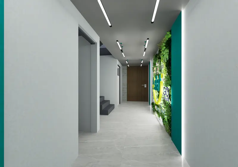Render: pasillo. Oficinas con zona recreativa en Bogotá, Decord Design