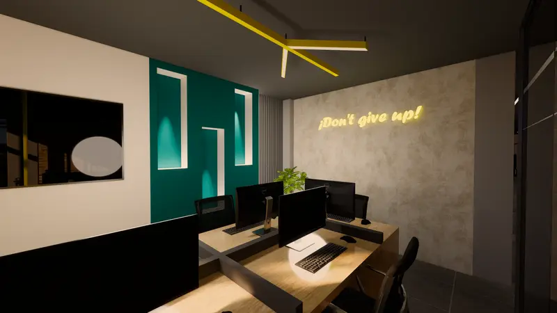 Render: área de trabajo abierta. Oficinas con zona recreativa en Bogotá, Decord Design
