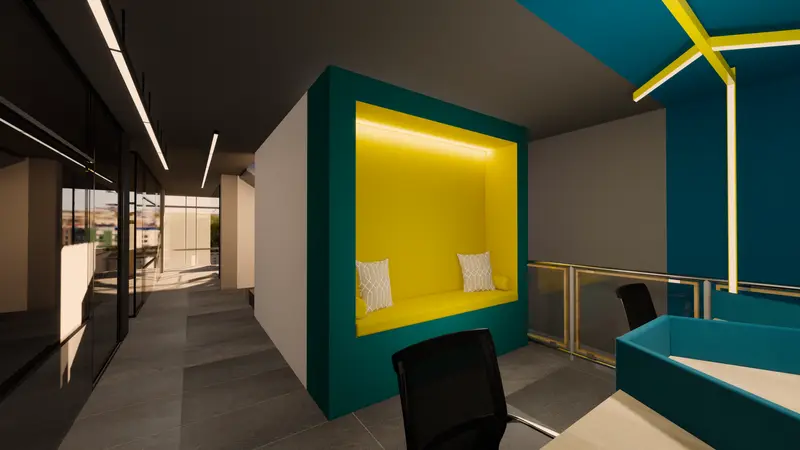 Render: área de trabajo abierta. Oficinas con zona recreativa en Bogotá, Decord Design