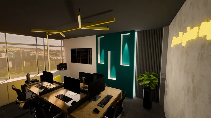 Render: área de trabajo abierta. Oficinas con zona recreativa en Bogotá, Decord Design