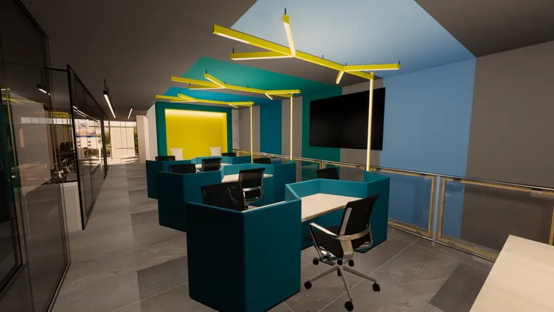 Render: área de trabajo abierta. Oficinas con zona recreativa en Bogotá, Decord Design