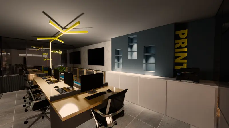 Render: área de trabajo abierta. Oficinas con zona recreativa en Bogotá, Decord Design