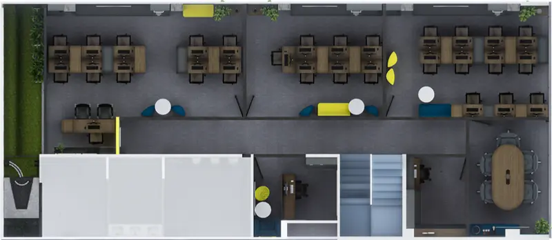 Plano: planta de oficinas. Oficinas con zona recreativa en Bogotá, Decord Design