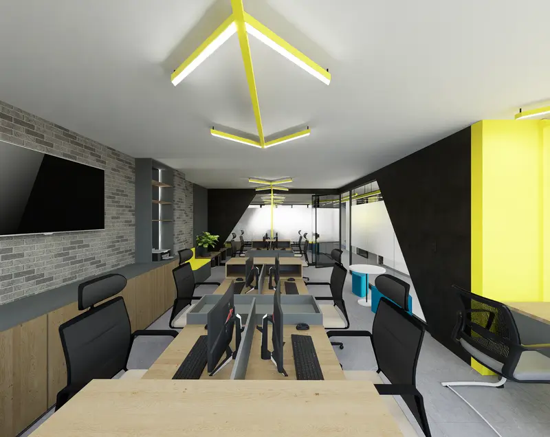 Render: área de trabajo. Oficinas con zona recreativa en Bogotá, Decord Design