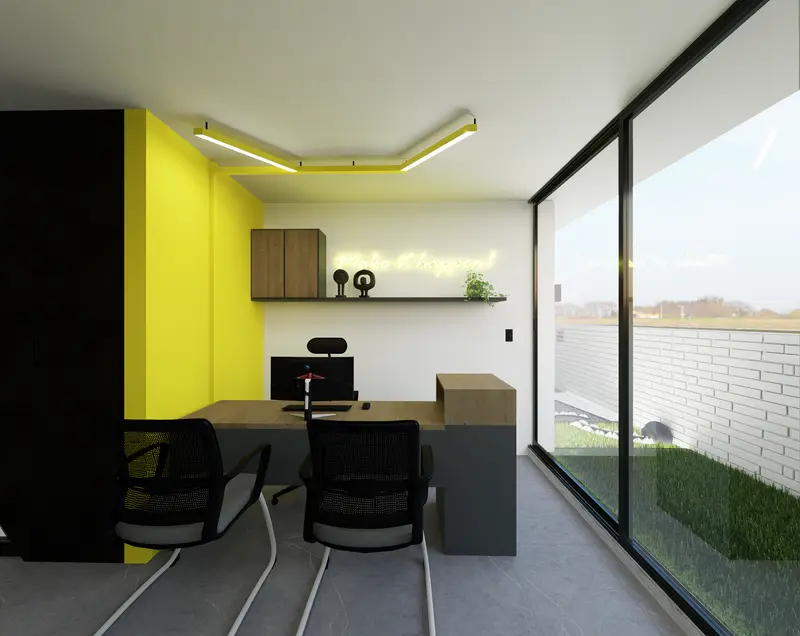 Render: oficina con jardín interior. Oficinas con zona recreativa en Bogotá, Decord Design