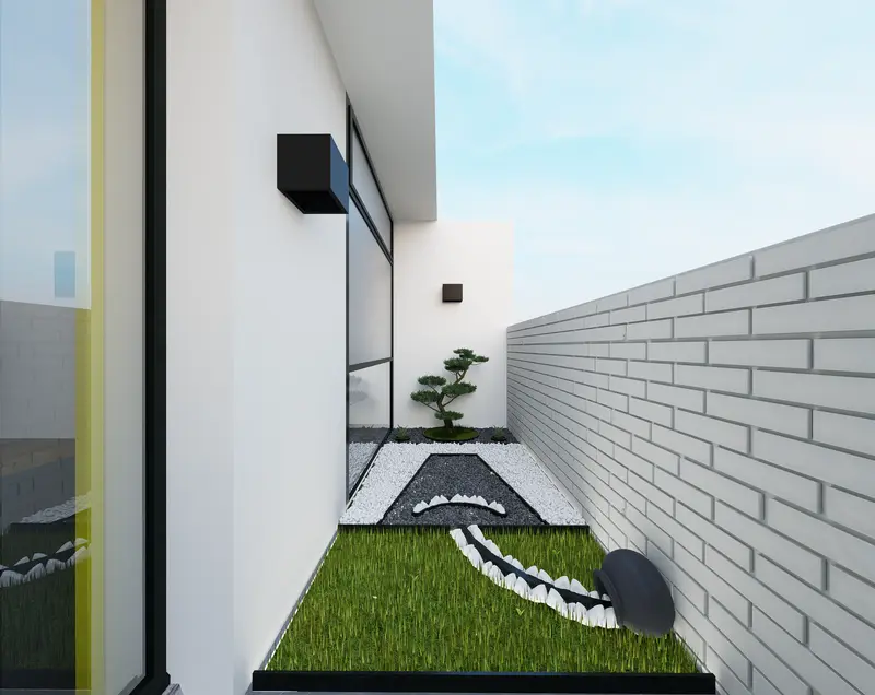 Render: oficina con jardín interior. Oficinas con zona recreativa en Bogotá, Decord Design