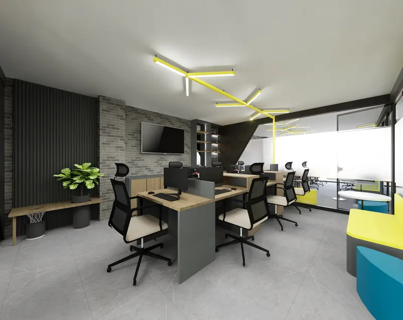 Render: área de trabajo. Oficinas con zona recreativa en Bogotá, Decord Design