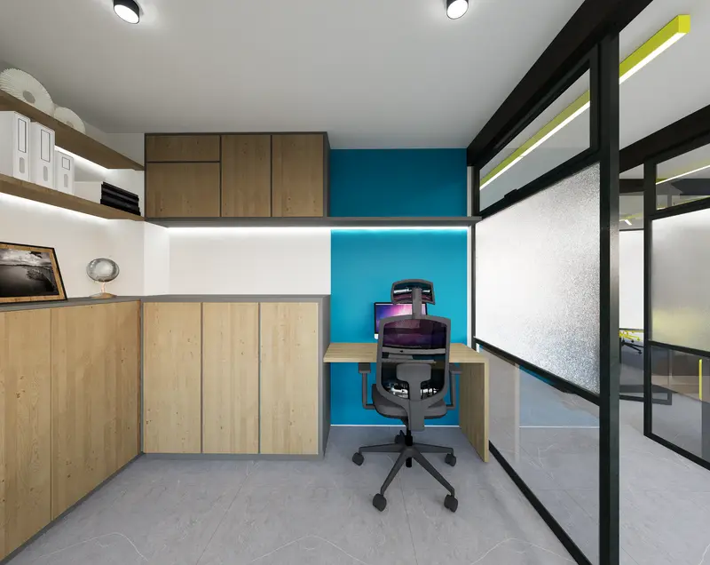 Render: oficinas privadas. Oficinas con zona recreativa en Bogotá, Decord Design
