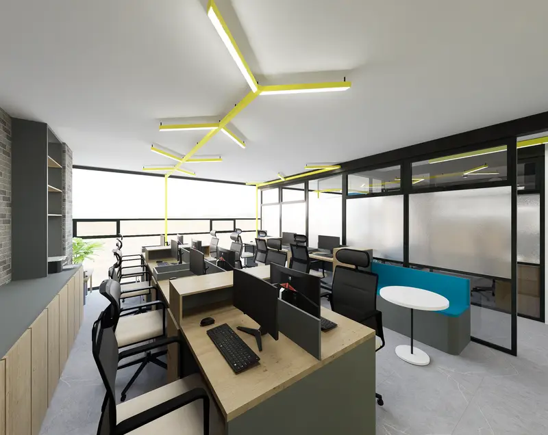 Render: área de trabajo. Oficinas con zona recreativa en Bogotá, Decord Design