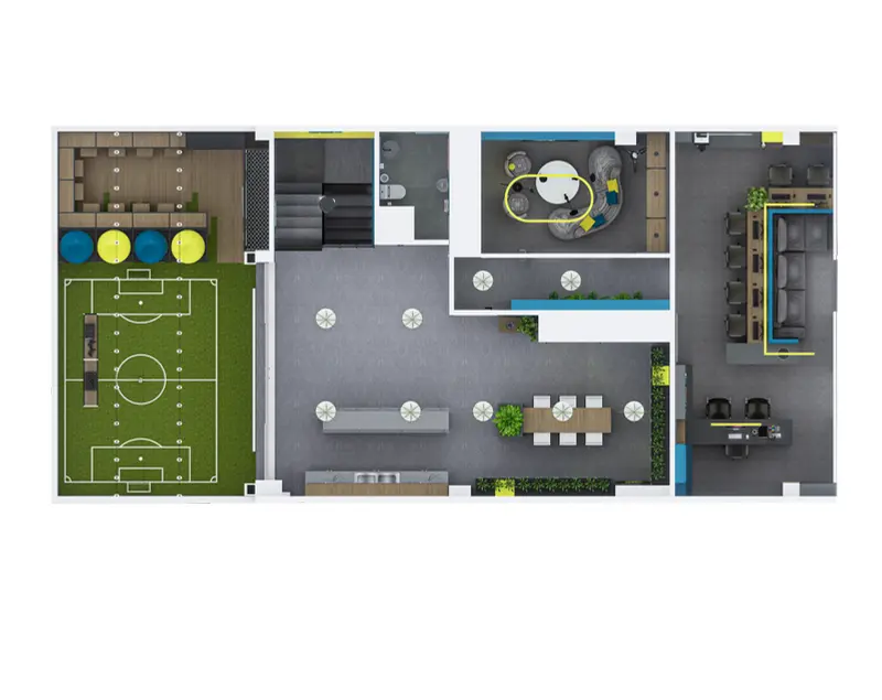 Plano: planta de oficinas. Oficinas con zona recreativa en Bogotá, Decord Design