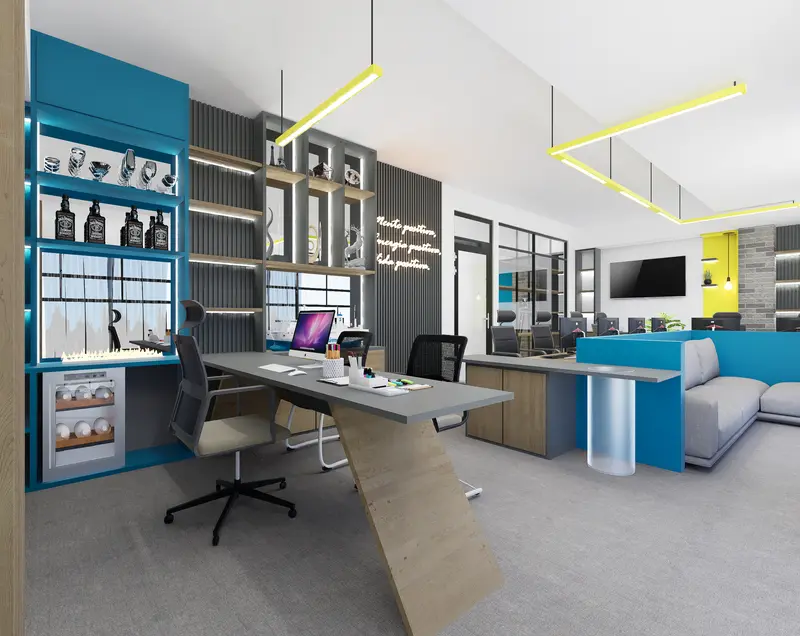Render: oficina gerencial. Oficinas con zona recreativa en Bogotá, Decord Design