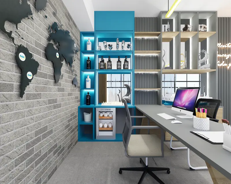 Render: oficina gerencial. Oficinas con zona recreativa en Bogotá, Decord Design