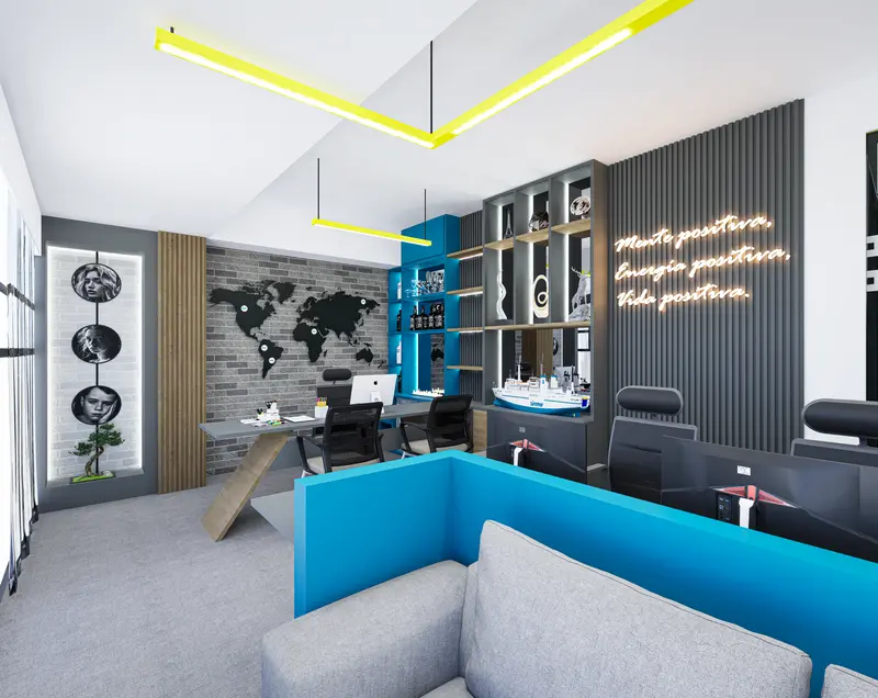 Render: oficina gerencial. Oficinas con zona recreativa en Bogotá, Decord Design