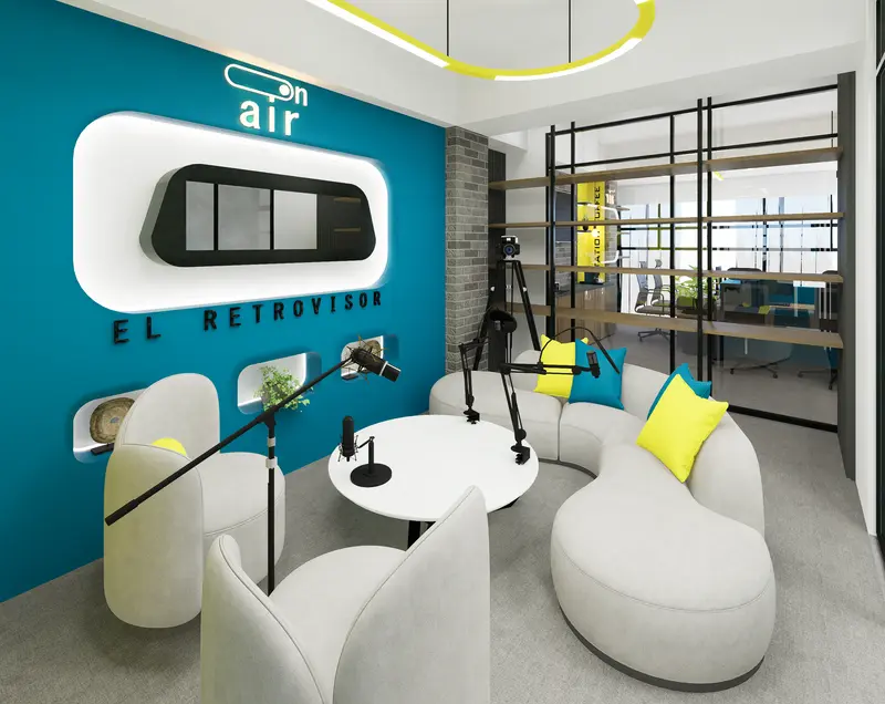 Render: lounge «El Retrovisor». Oficinas con zona recreativa en Bogotá, Decord Design