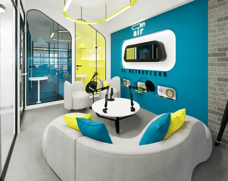 Render: lounge «El Retrovisor». Oficinas con zona recreativa en Bogotá, Decord Design