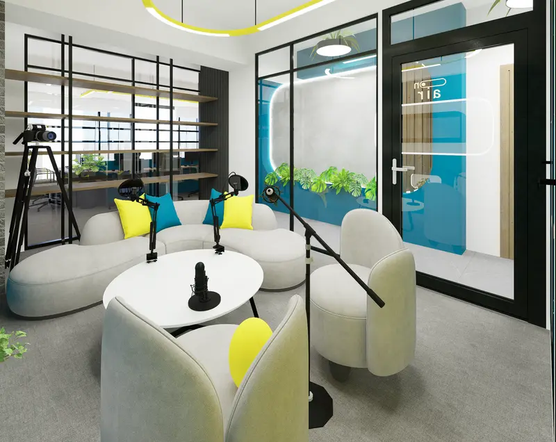 Render: lounge «El Retrovisor». Oficinas con zona recreativa en Bogotá, Decord Design