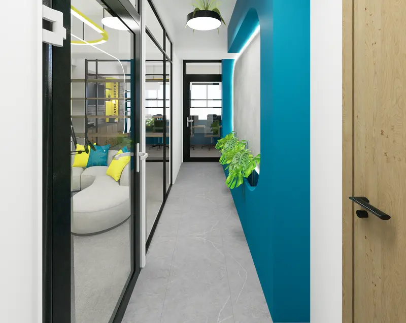 Render: pasillo. Oficinas con zona recreativa en Bogotá, Decord Design