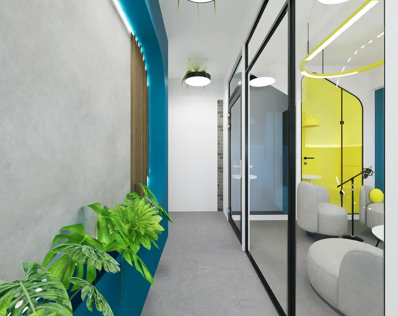 Render: pasillo. Oficinas con zona recreativa en Bogotá, Decord Design