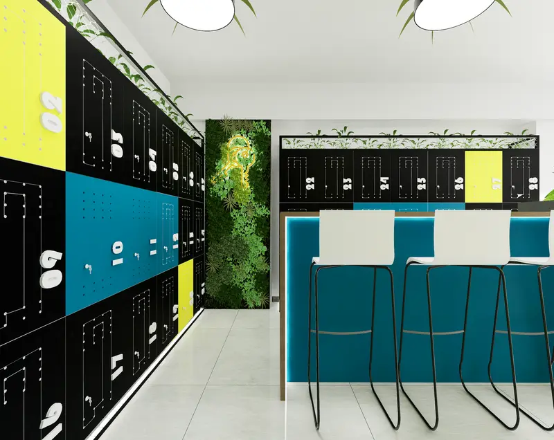 Render: lockers y cabinas telefónicas. Oficinas con zona recreativa en Bogotá, Decord Design