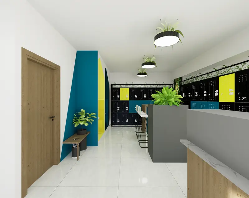 Render: lockers y cabinas telefónicas. Oficinas con zona recreativa en Bogotá, Decord Design