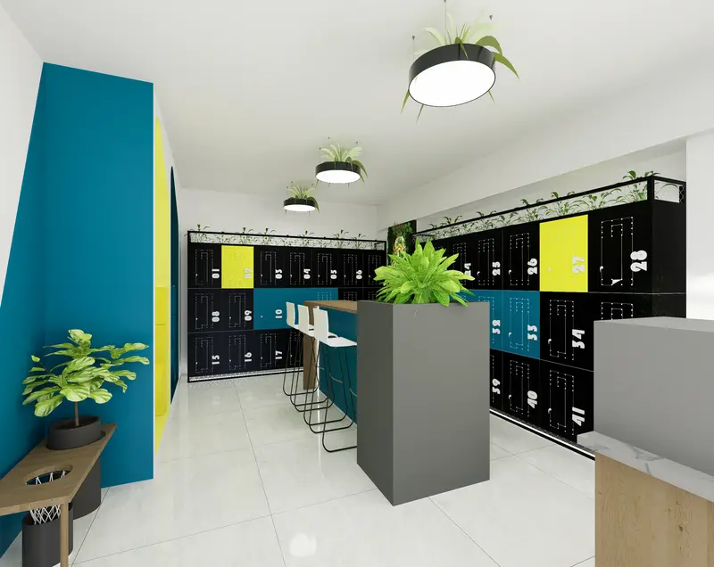 Render: lockers y cabinas telefónicas. Oficinas con zona recreativa en Bogotá, Decord Design