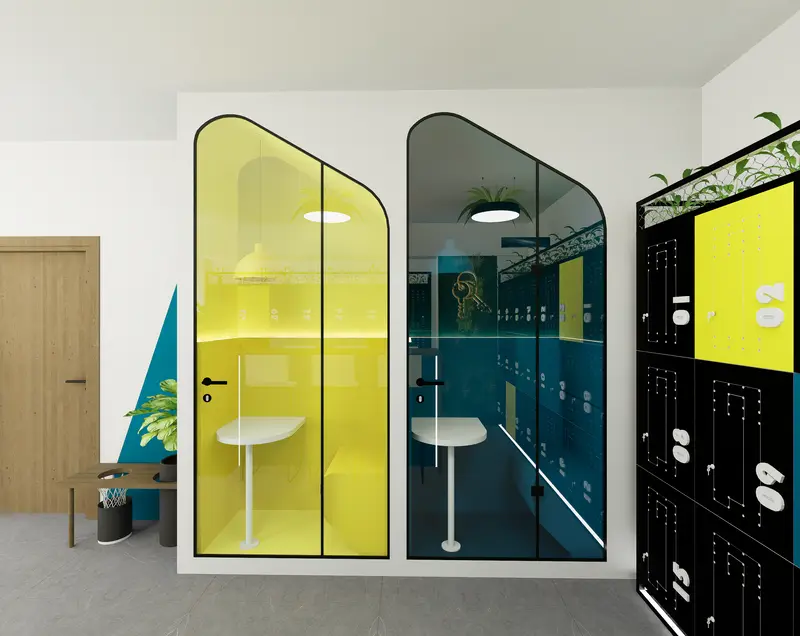 Render: lockers y cabinas telefónicas. Oficinas con zona recreativa en Bogotá, Decord Design
