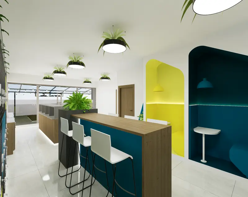 Render: cafetería y hall. Oficinas con zona recreativa en Bogotá, Decord Design