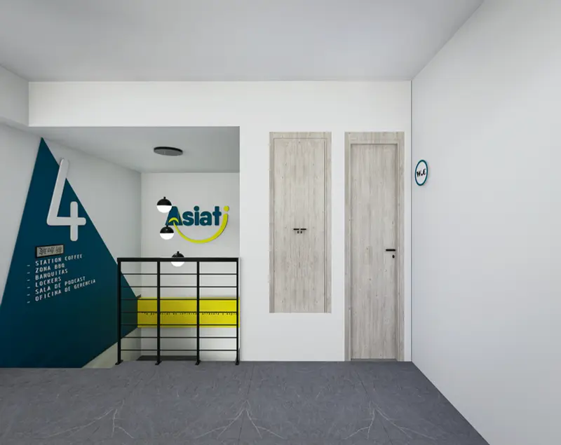 Render: cafetería y hall. Oficinas con zona recreativa en Bogotá, Decord Design
